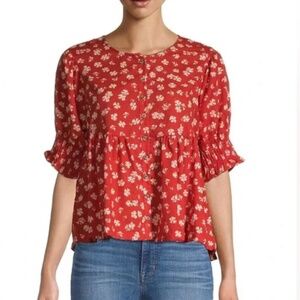 Madewell Red Puff Sleeve Blouse with Pink and White Flower Detail in Size M